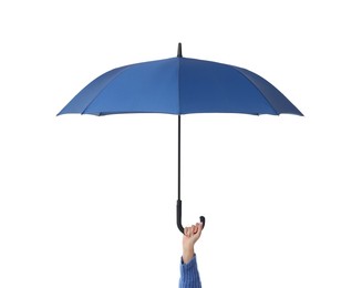 Photo of Woman with blue umbrella on white background, closeup