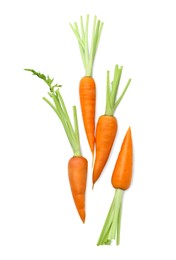 Photo of Tasty ripe juicy carrots isolated on white, top view