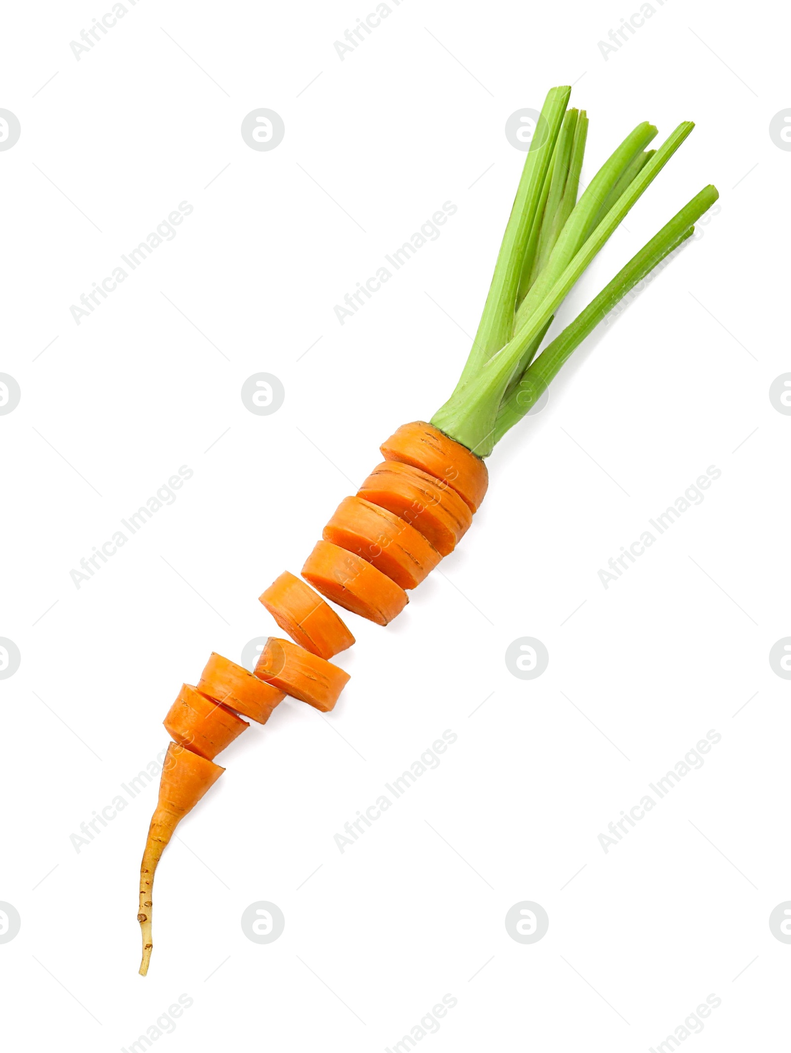 Photo of Slices of fresh ripe carrot isolated on white, top view