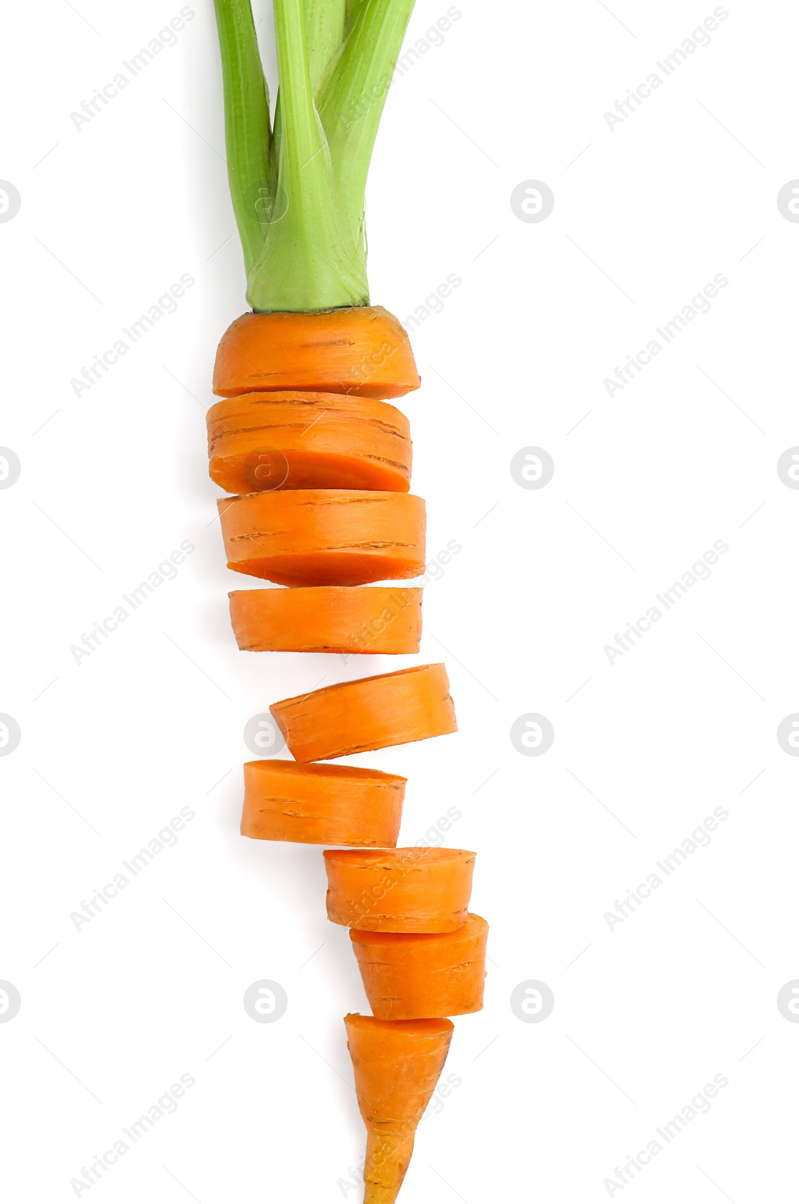 Photo of Slices of fresh ripe carrot isolated on white, top view