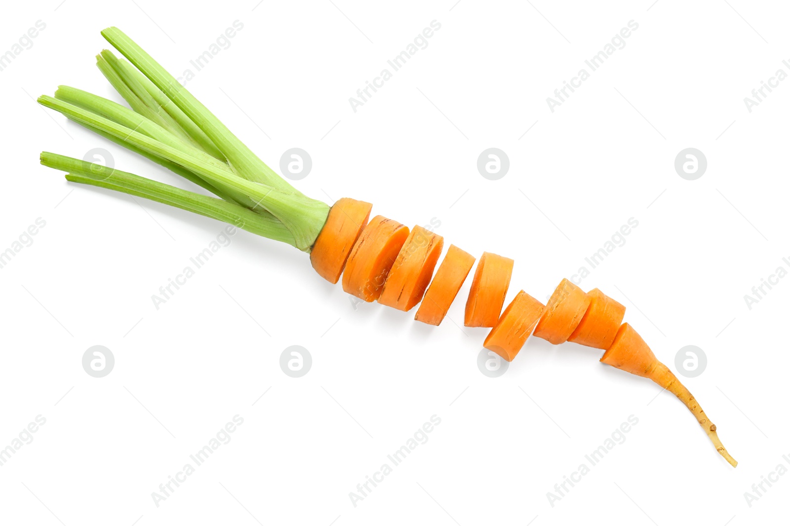 Photo of Slices of fresh ripe carrot isolated on white, top view