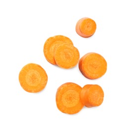 Slices of fresh ripe carrot isolated on white, top view