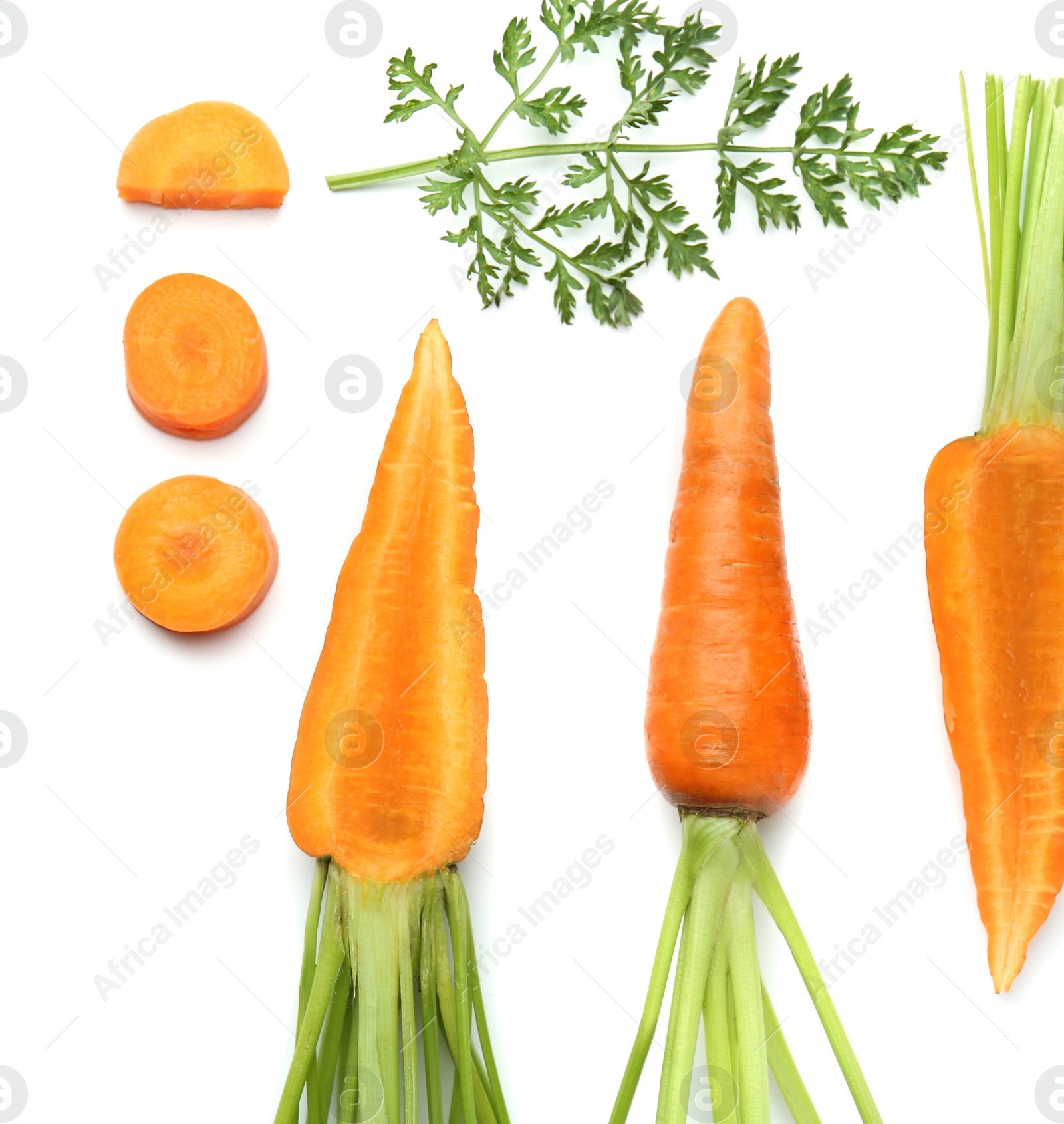 Photo of Whole and cut fresh carrots isolated on white, top view