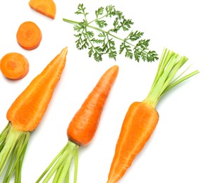 Whole and cut fresh carrots isolated on white, top view