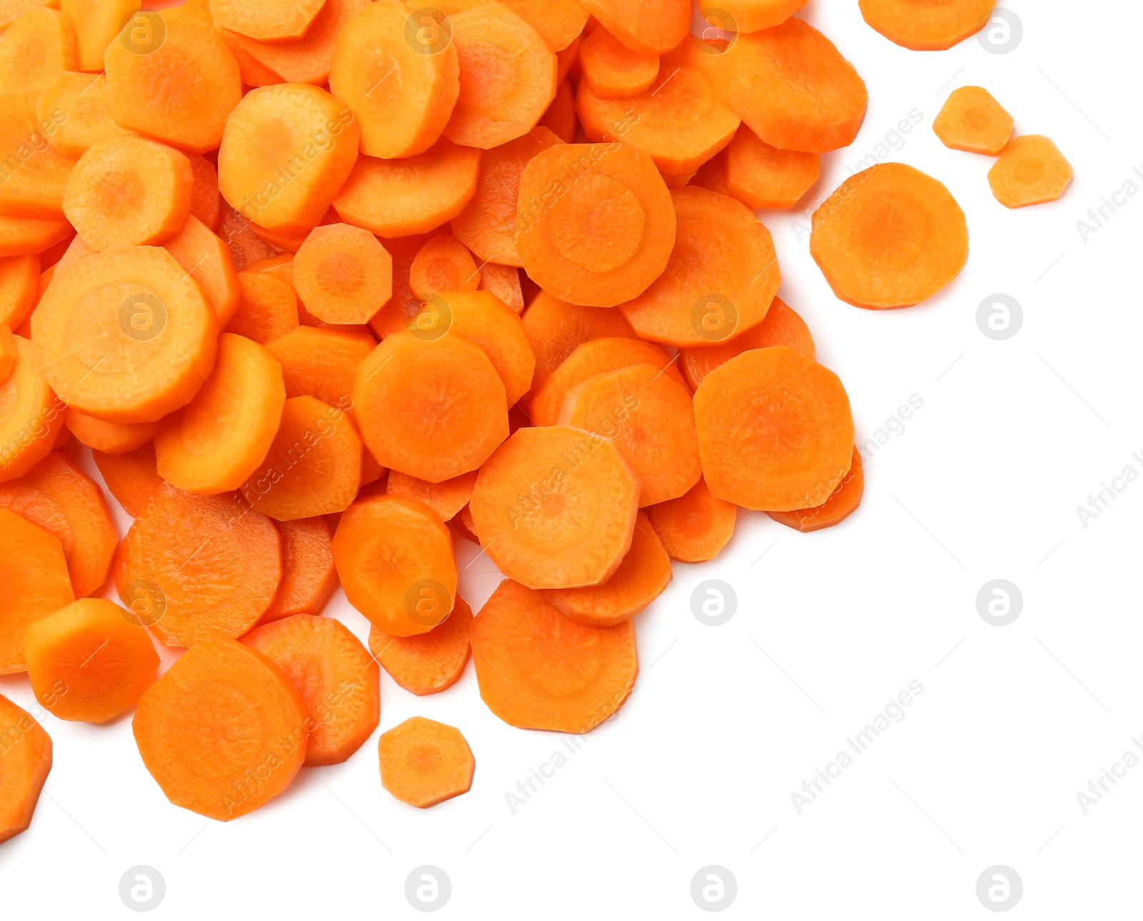 Photo of Slices of fresh ripe carrot isolated on white, top view