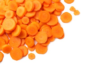 Photo of Slices of fresh ripe carrot isolated on white, top view