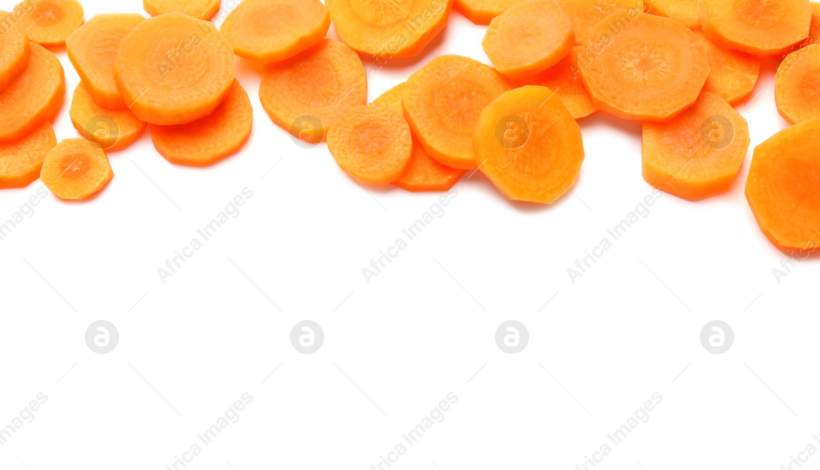 Photo of Slices of fresh ripe carrot isolated on white, top view