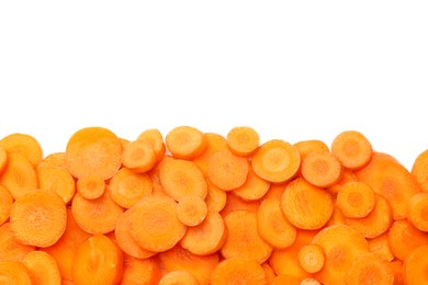 Photo of Slices of fresh ripe carrot isolated on white, top view