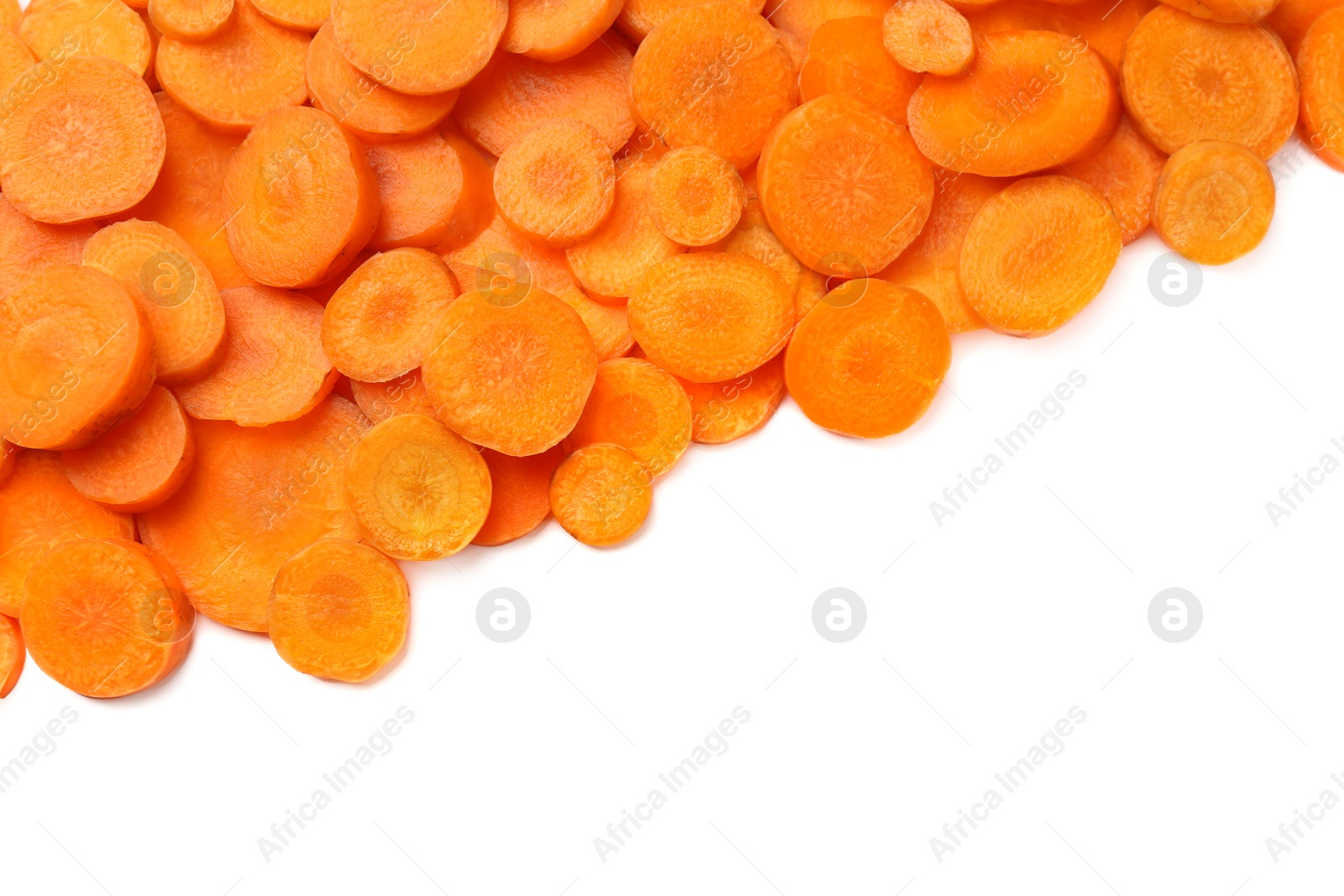 Photo of Slices of fresh ripe carrot isolated on white, top view