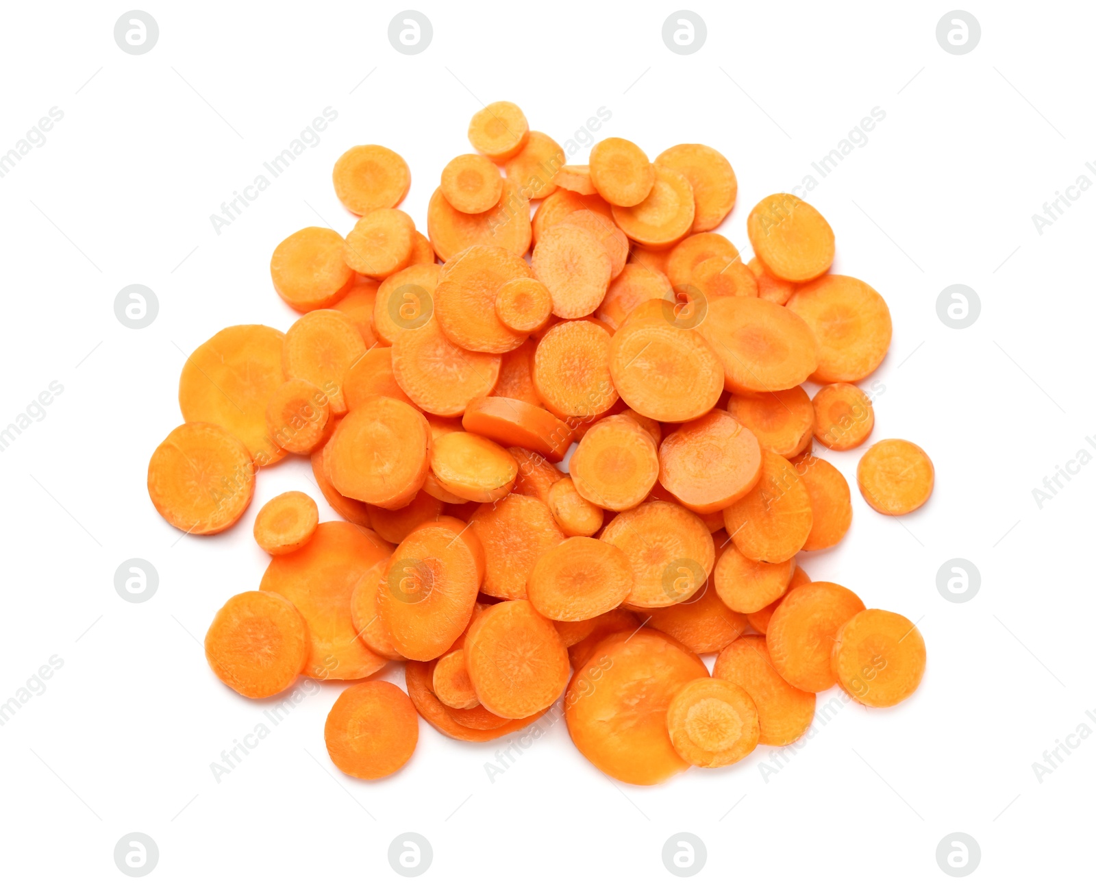 Photo of Slices of fresh ripe carrot isolated on white, top view