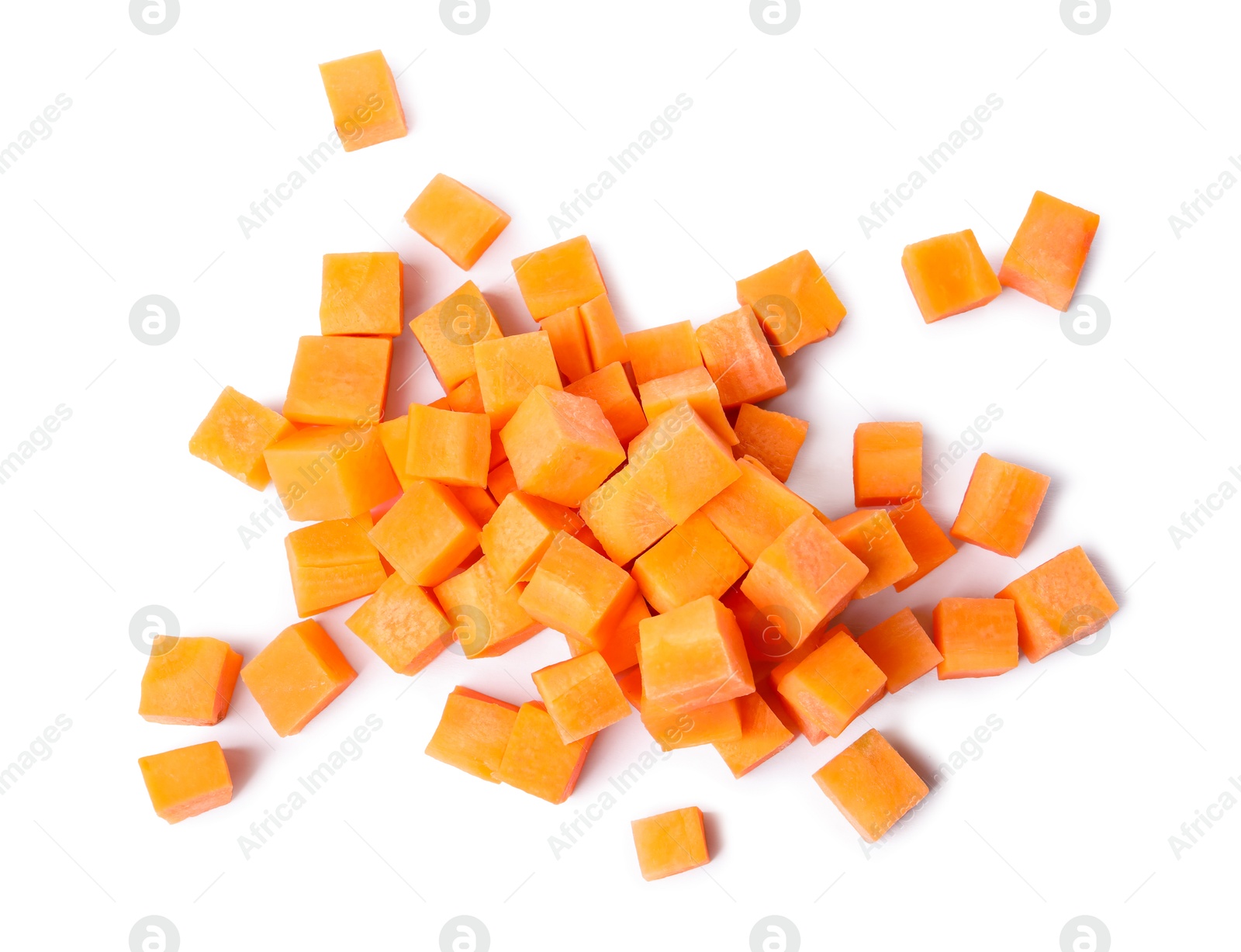 Photo of Pieces of fresh ripe carrot isolated on white, top view