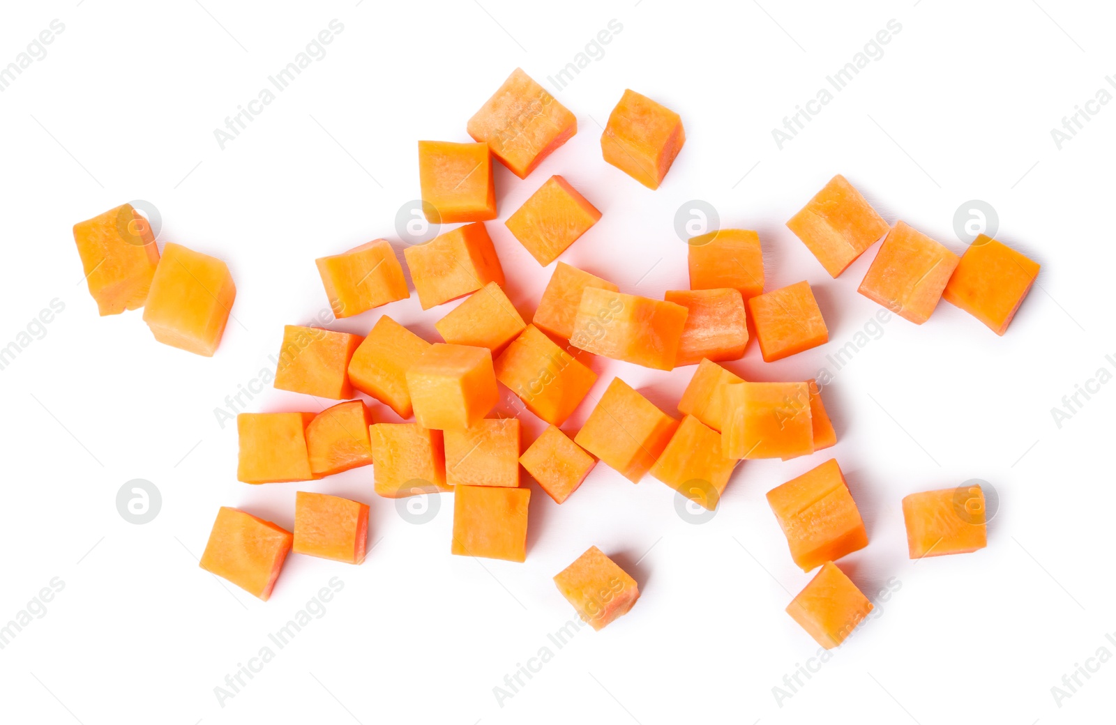 Photo of Pieces of fresh ripe carrot isolated on white, top view