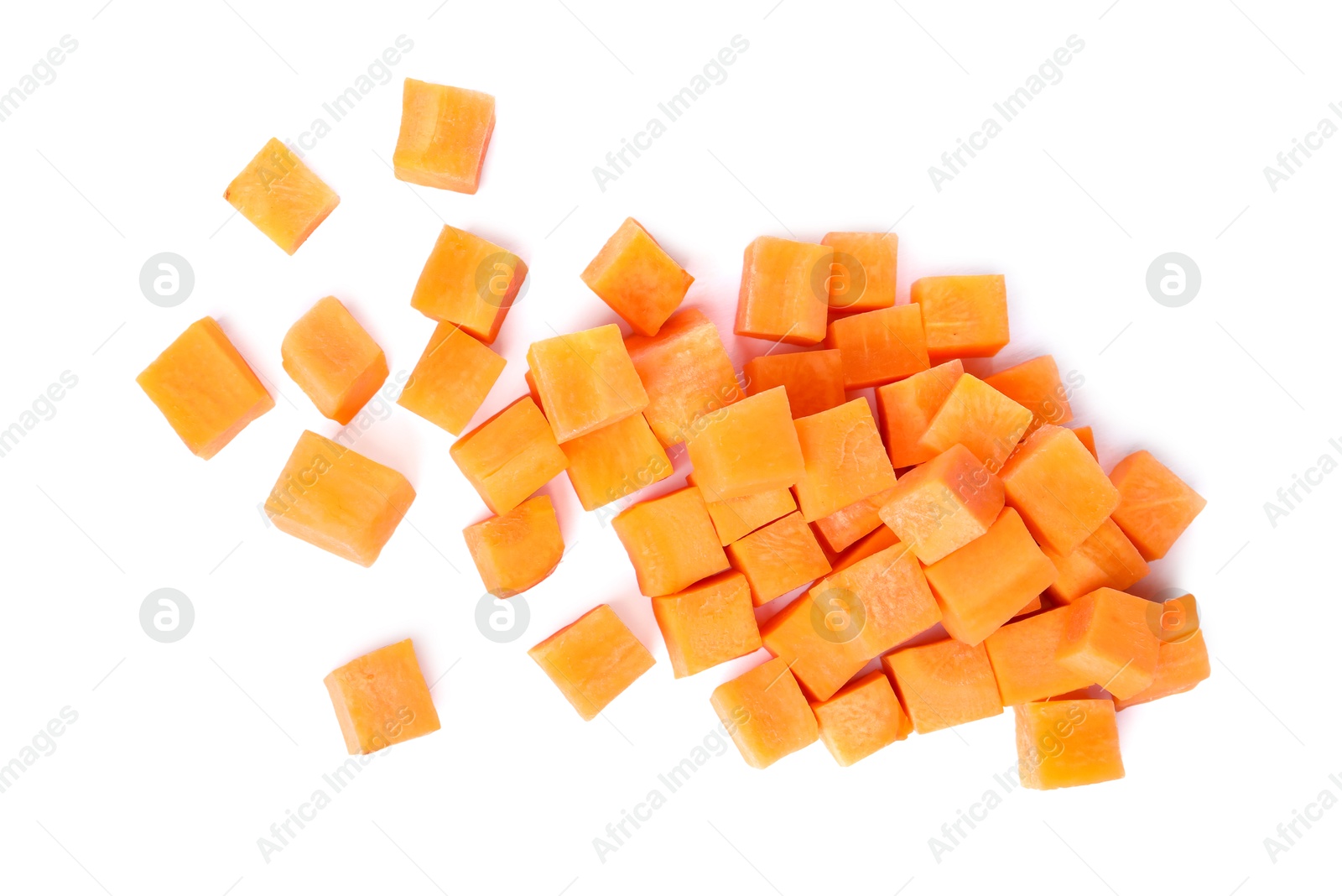 Photo of Pieces of fresh ripe carrot isolated on white, top view