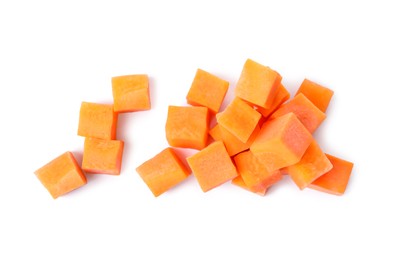 Pieces of fresh ripe carrot isolated on white, top view