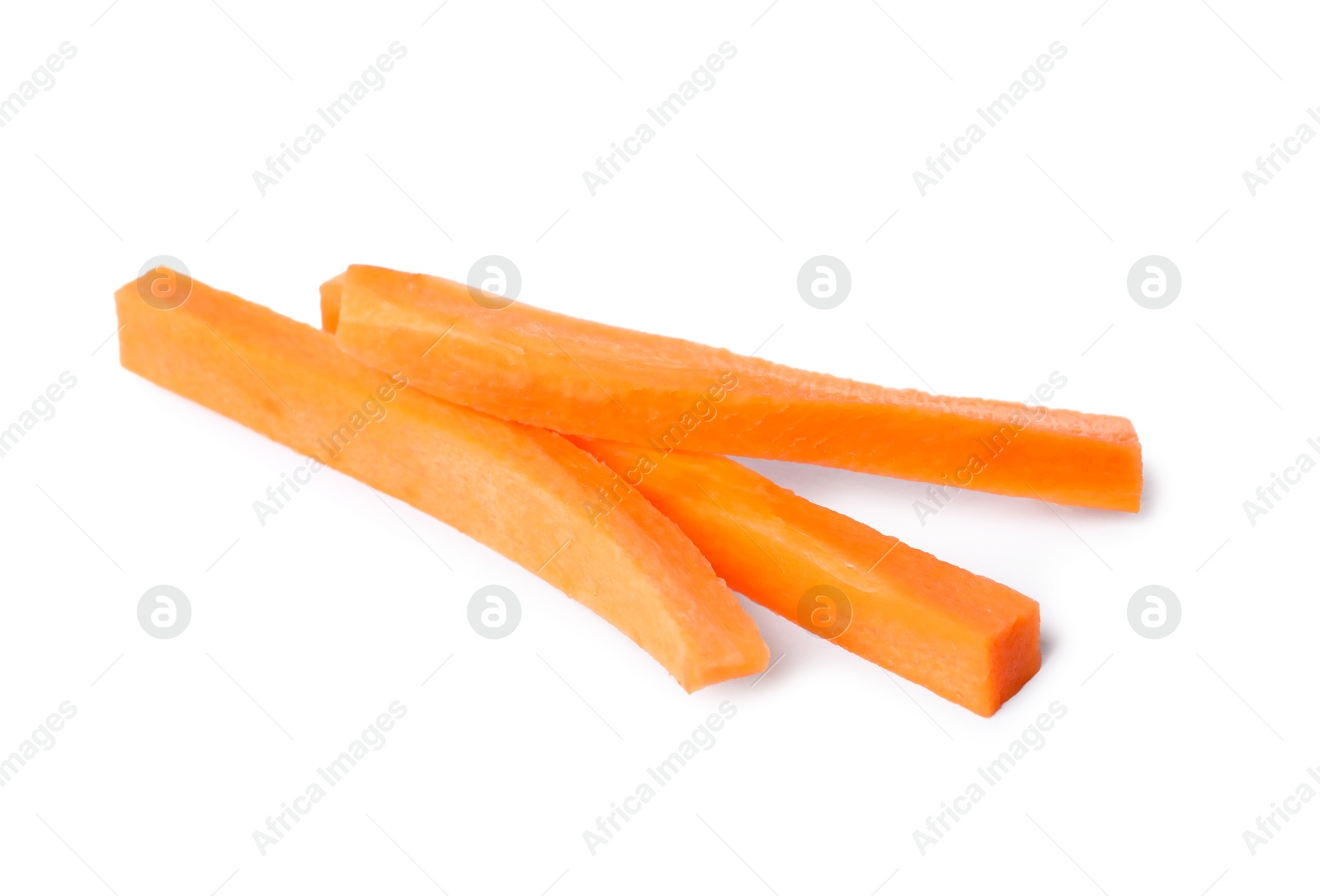 Photo of Fresh ripe carrot sticks isolated on white