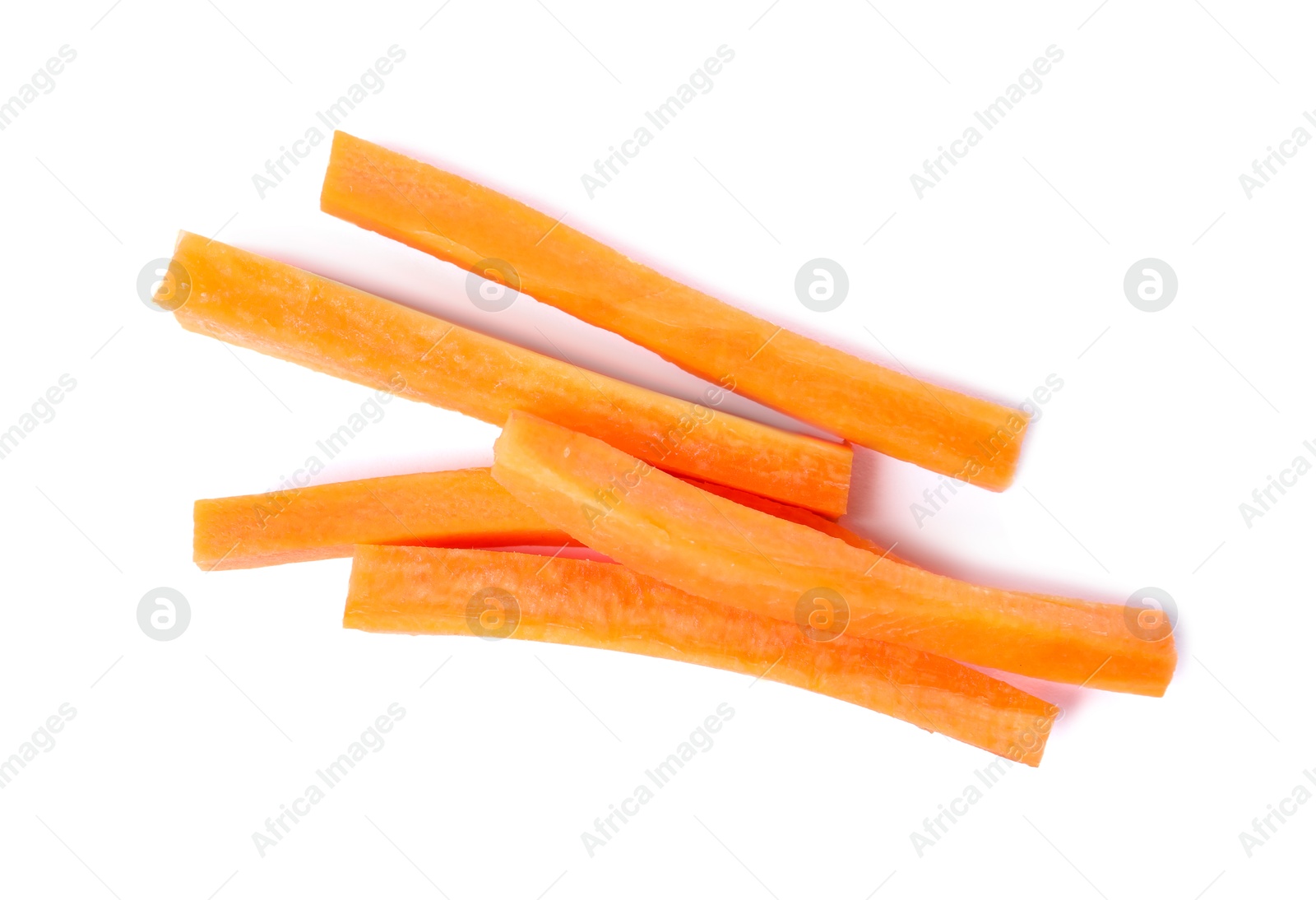 Photo of Fresh ripe carrot sticks isolated on white, top view