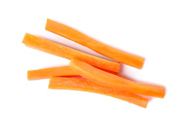 Fresh ripe carrot sticks isolated on white, top view