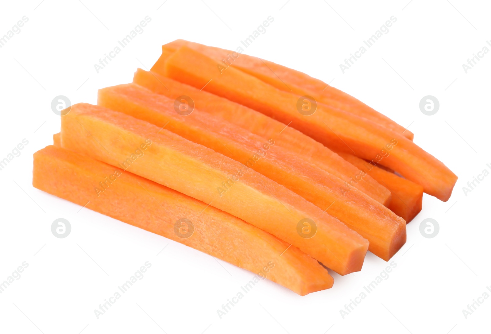 Photo of Fresh ripe carrot sticks isolated on white