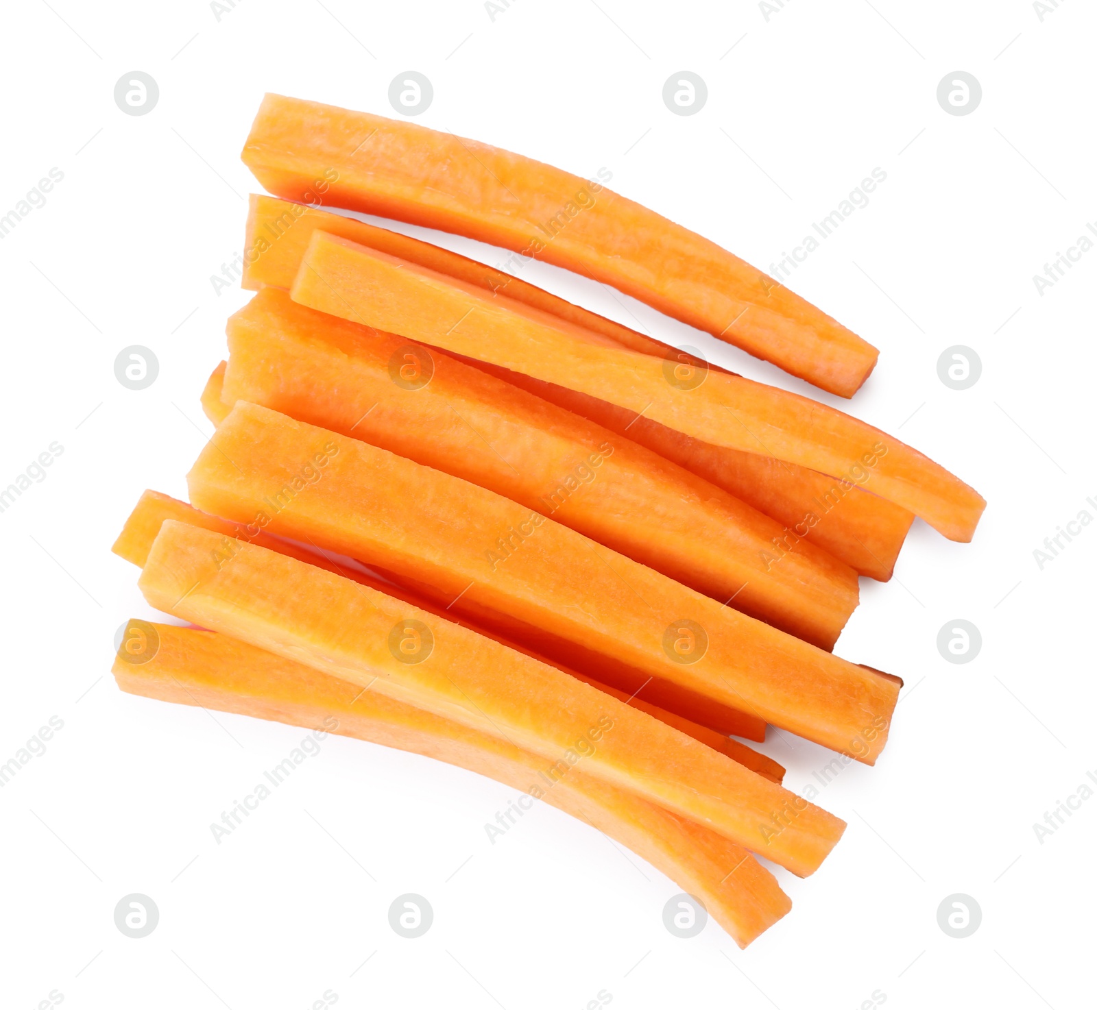 Photo of Fresh ripe carrot sticks isolated on white, top view