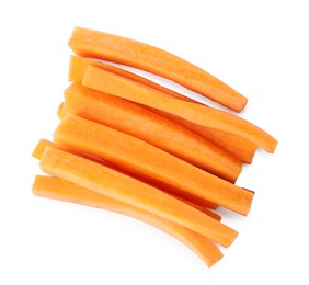 Fresh ripe carrot sticks isolated on white, top view