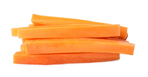 Fresh ripe carrot sticks isolated on white