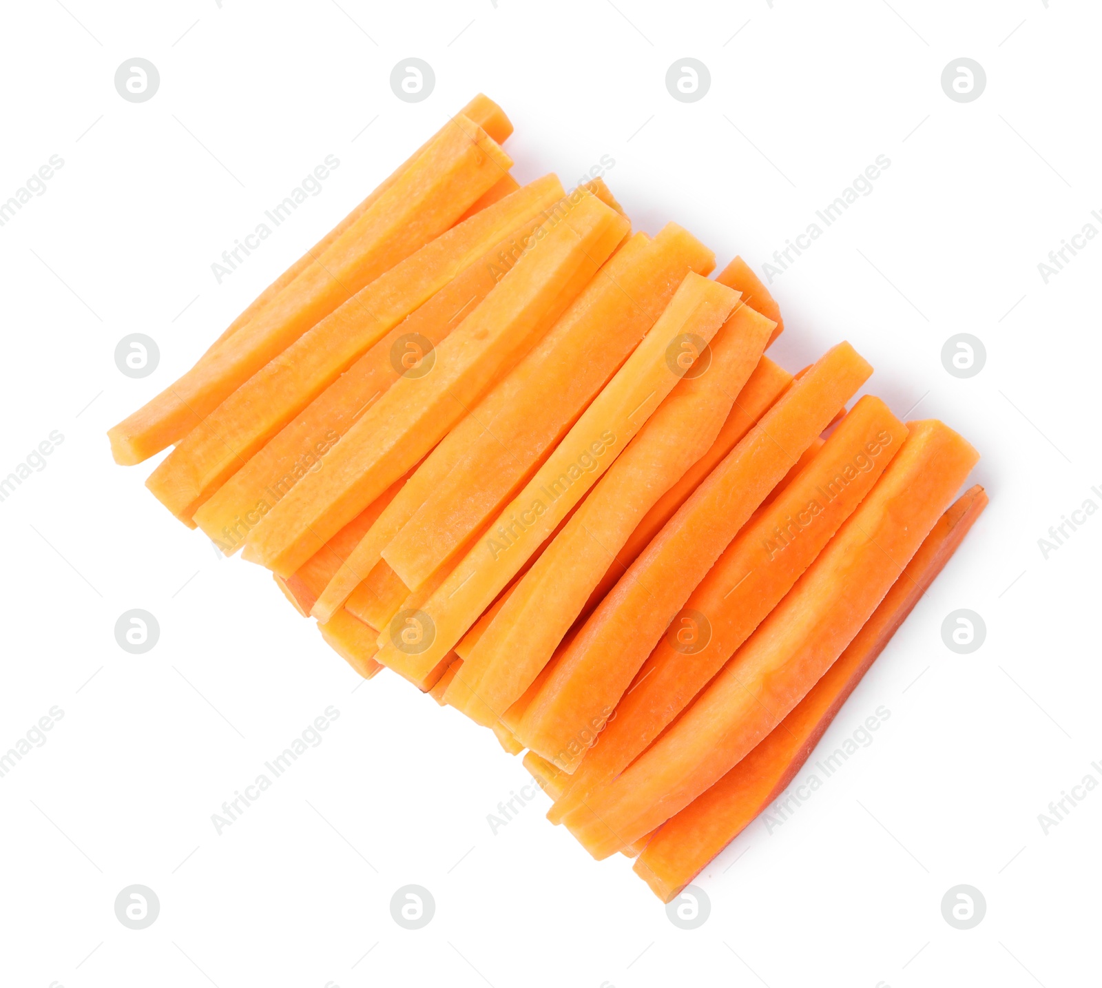 Photo of Fresh ripe carrot sticks isolated on white, top view