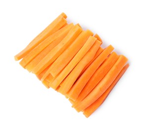 Fresh ripe carrot sticks isolated on white, top view