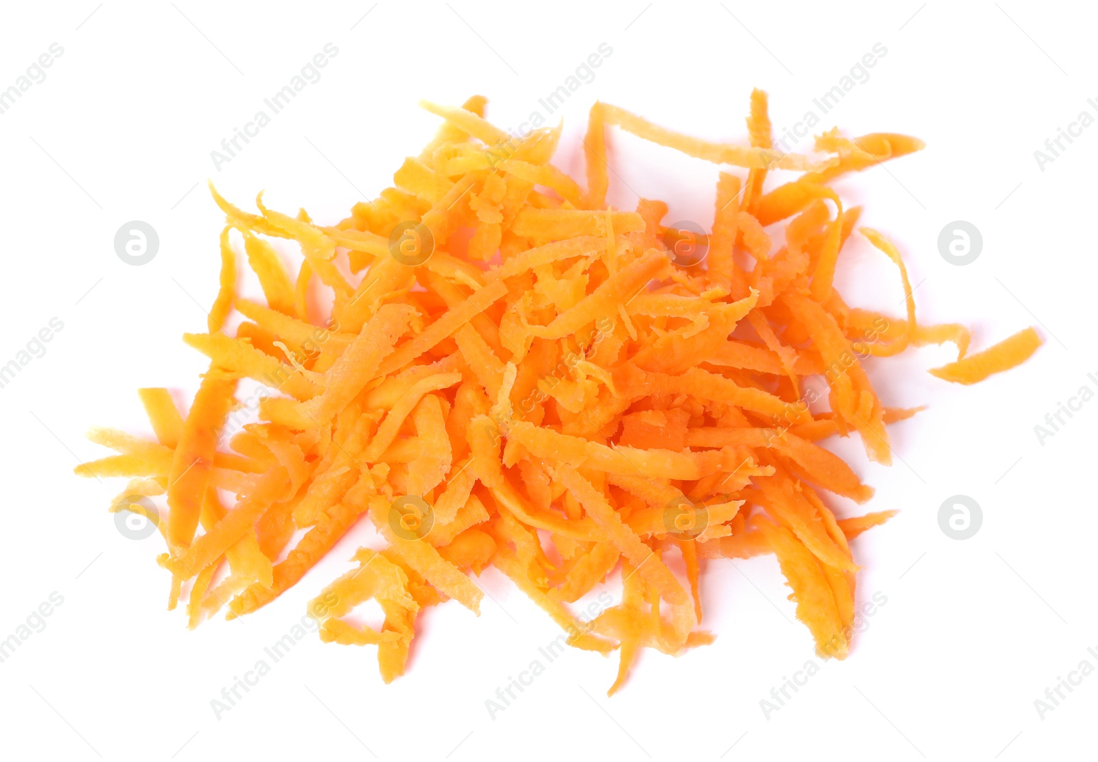 Photo of Pile of fresh grated carrot isolated on white, top view