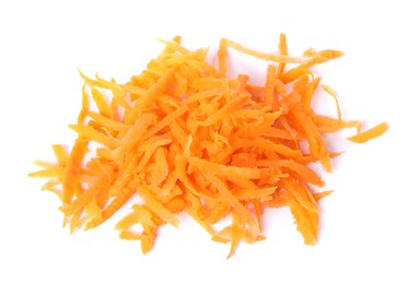 Photo of Pile of fresh grated carrot isolated on white, top view