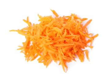 Pile of fresh grated carrot isolated on white, top view