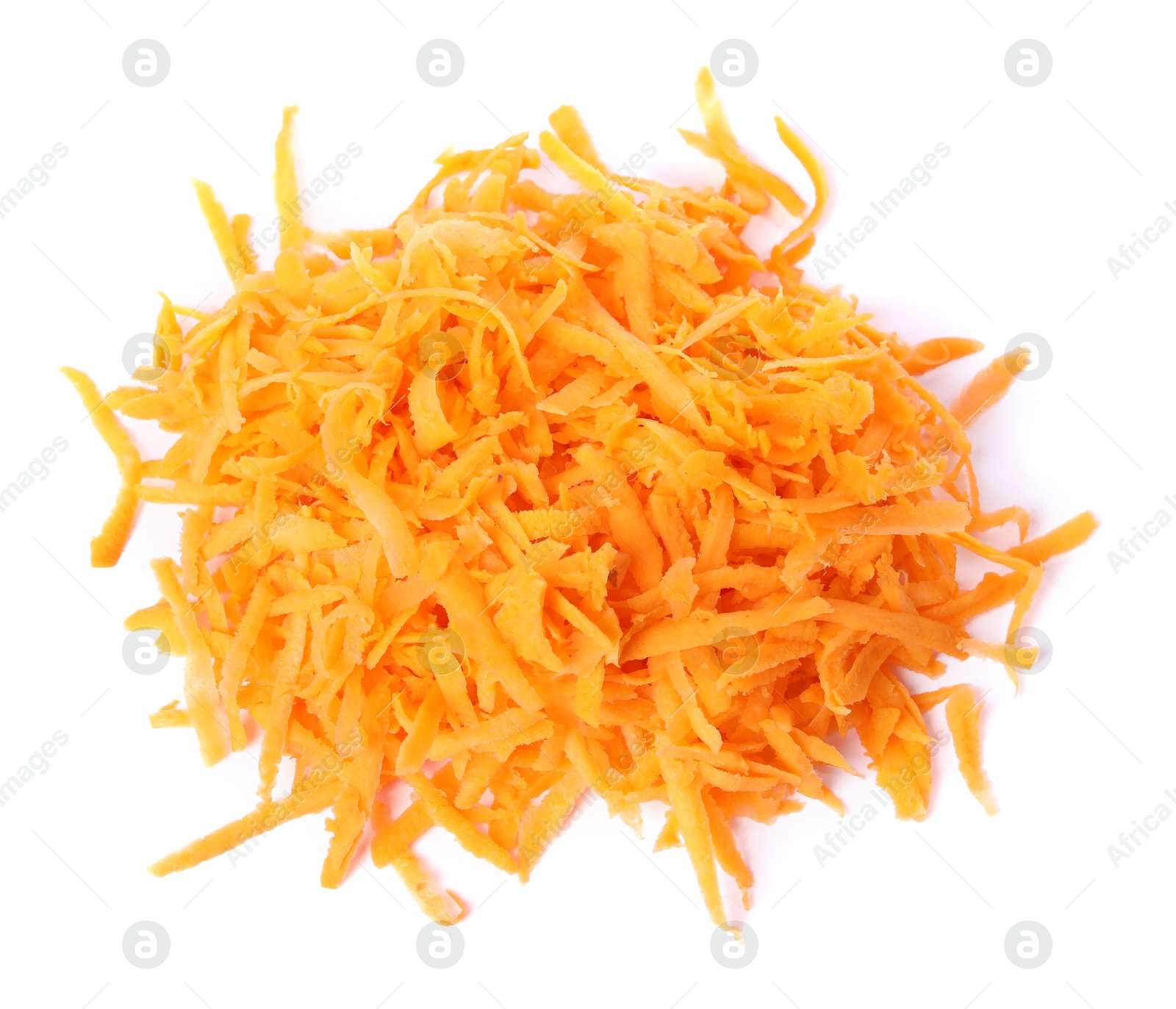 Photo of Pile of fresh grated carrot isolated on white, top view