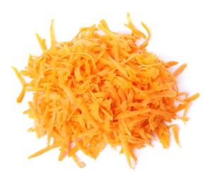 Pile of fresh grated carrot isolated on white, top view