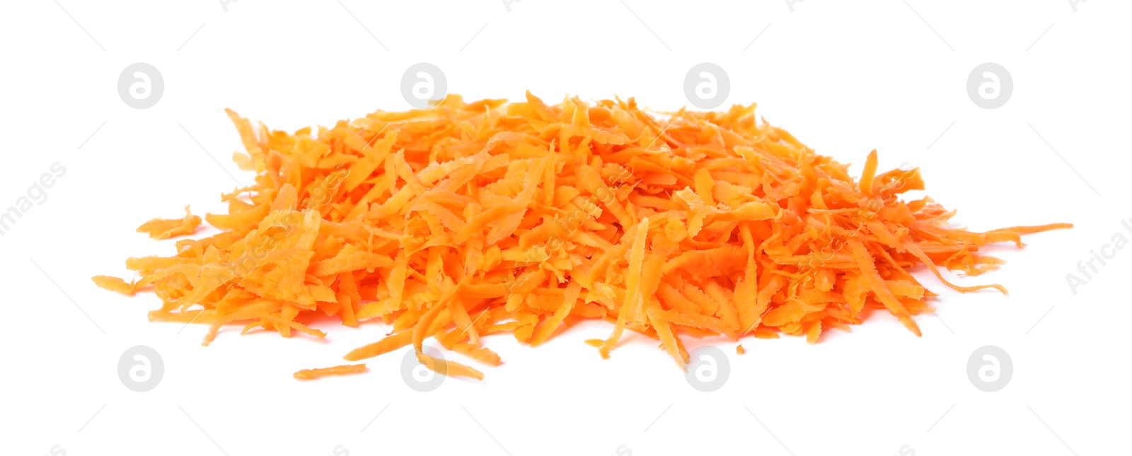 Photo of Pile of fresh grated carrot isolated on white