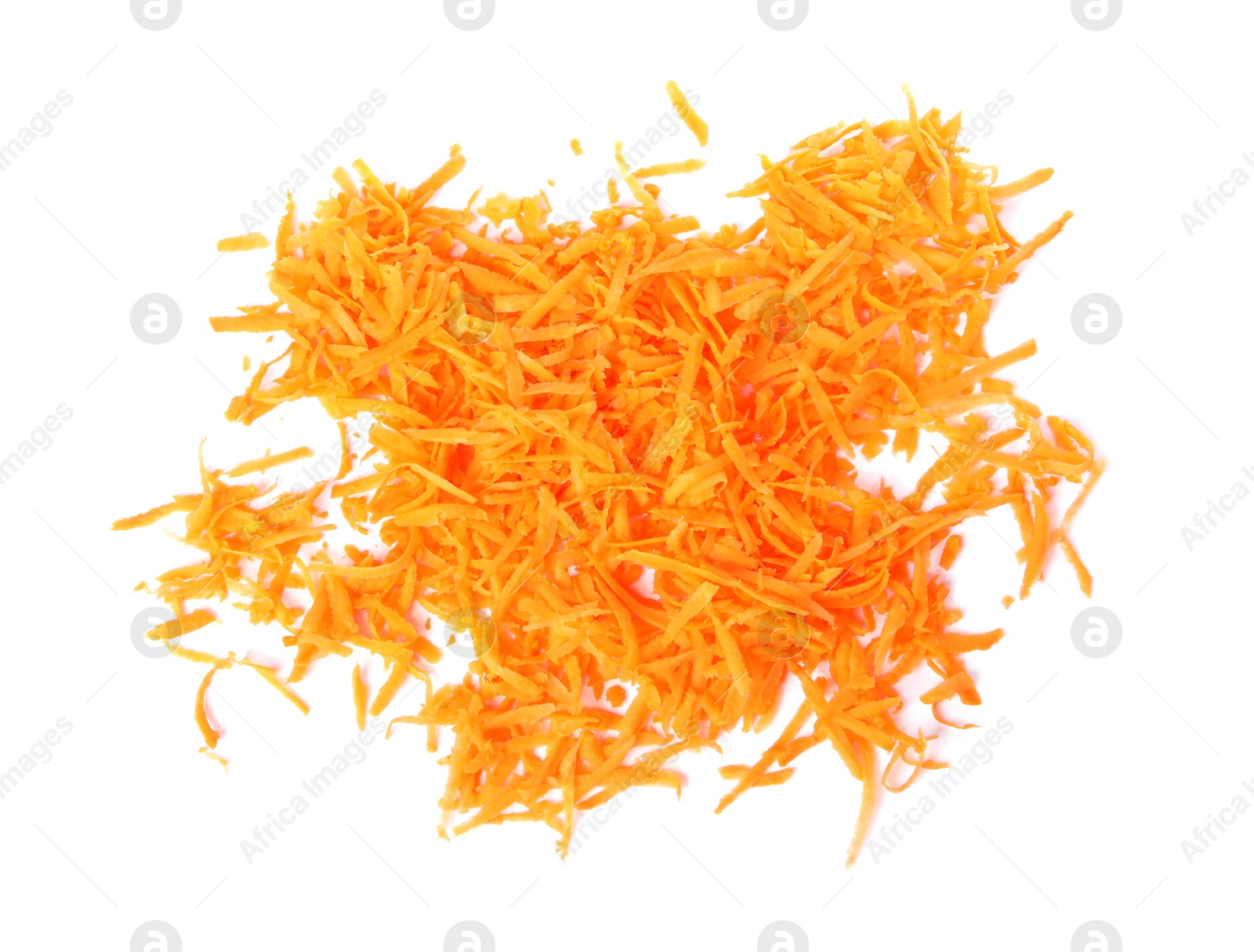 Photo of Pile of fresh grated carrot isolated on white, top view