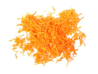 Pile of fresh grated carrot isolated on white, top view