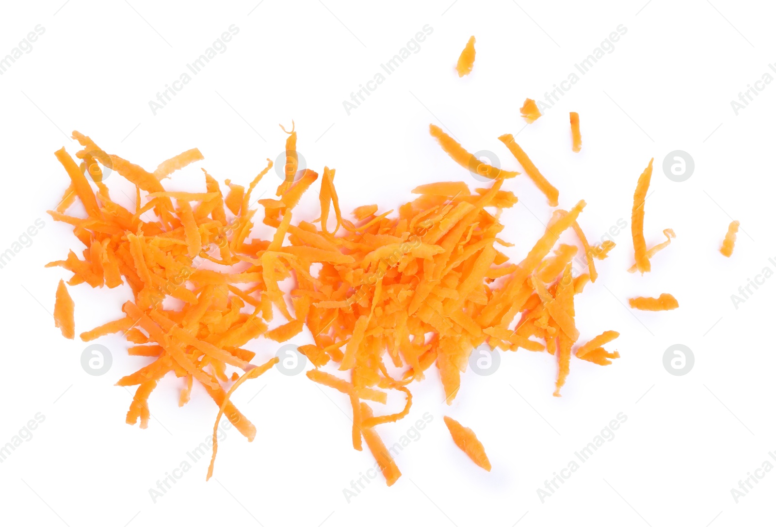 Photo of Pile of fresh grated carrot isolated on white, top view