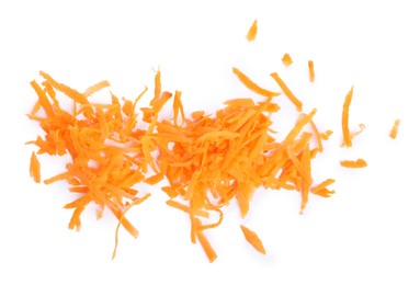 Photo of Pile of fresh grated carrot isolated on white, top view