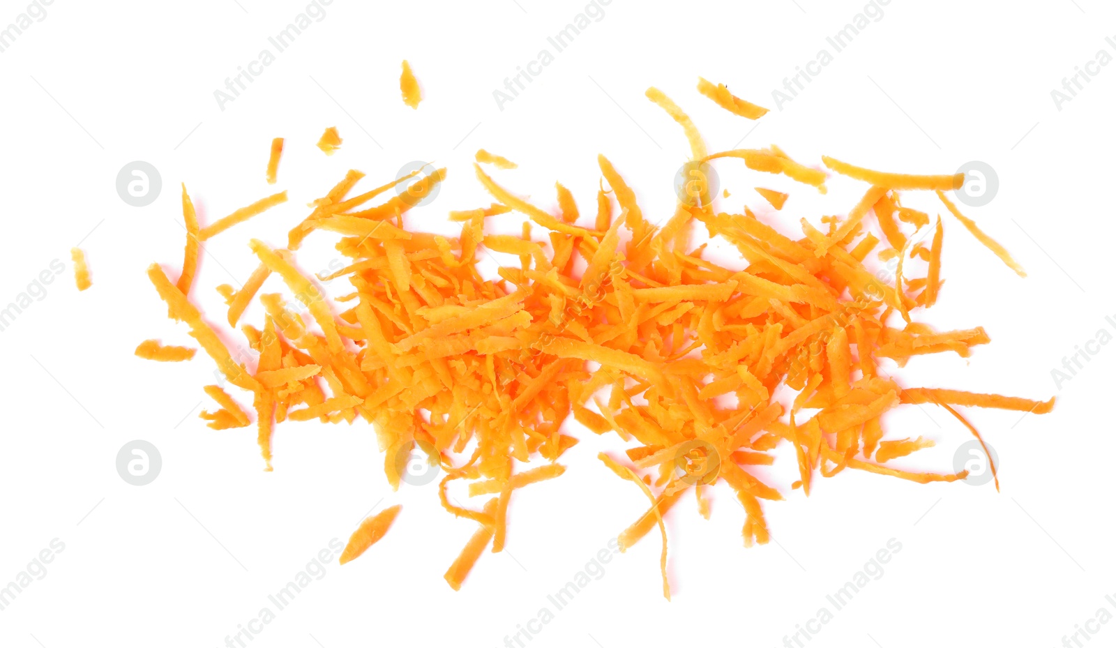 Photo of Pile of fresh grated carrot isolated on white, top view