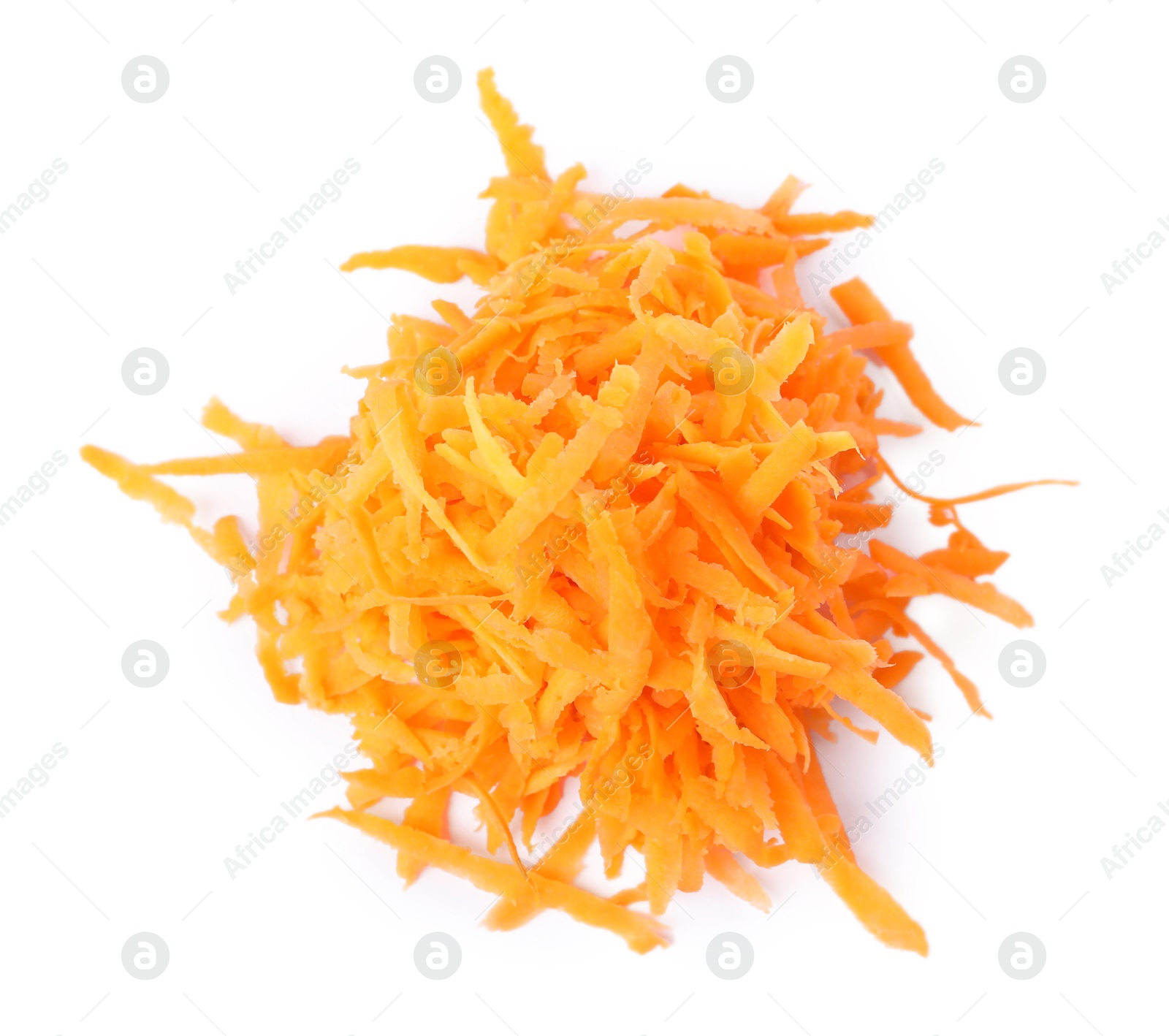 Photo of Pile of fresh grated carrot isolated on white, top view