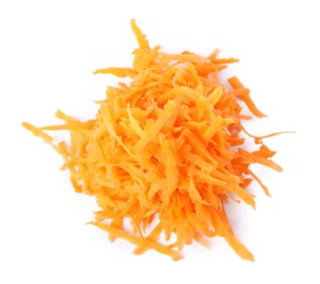 Photo of Pile of fresh grated carrot isolated on white, top view