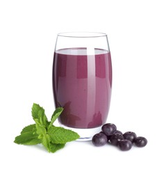 Photo of Tasty acai juice in glass, mint and berries isolated on white