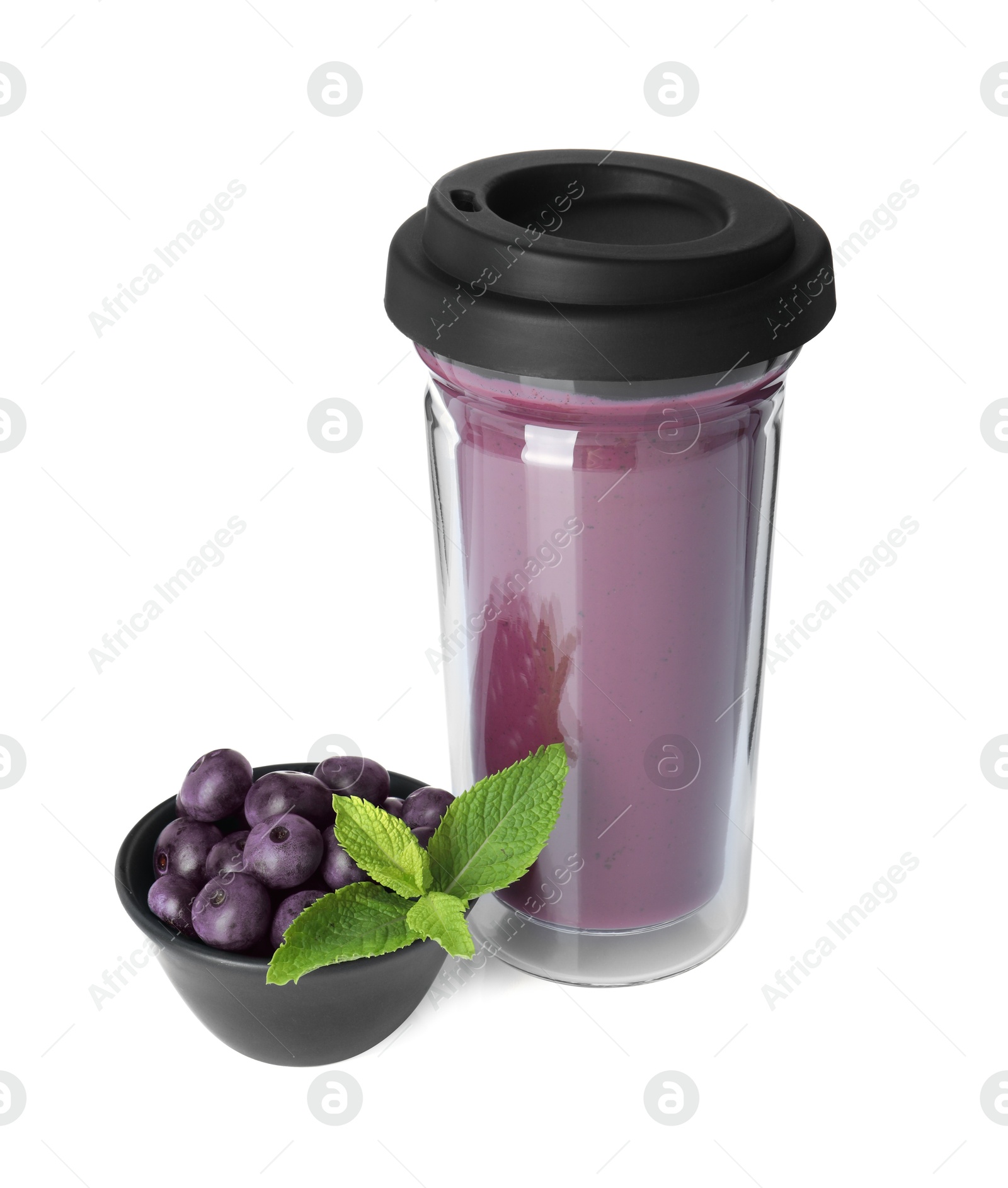 Photo of Tasty acai juice, mint and berries isolated on white