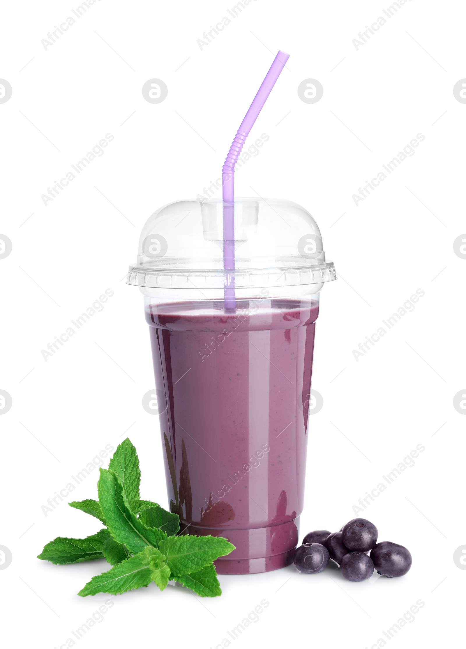 Photo of Tasty acai juice, mint and berries isolated on white