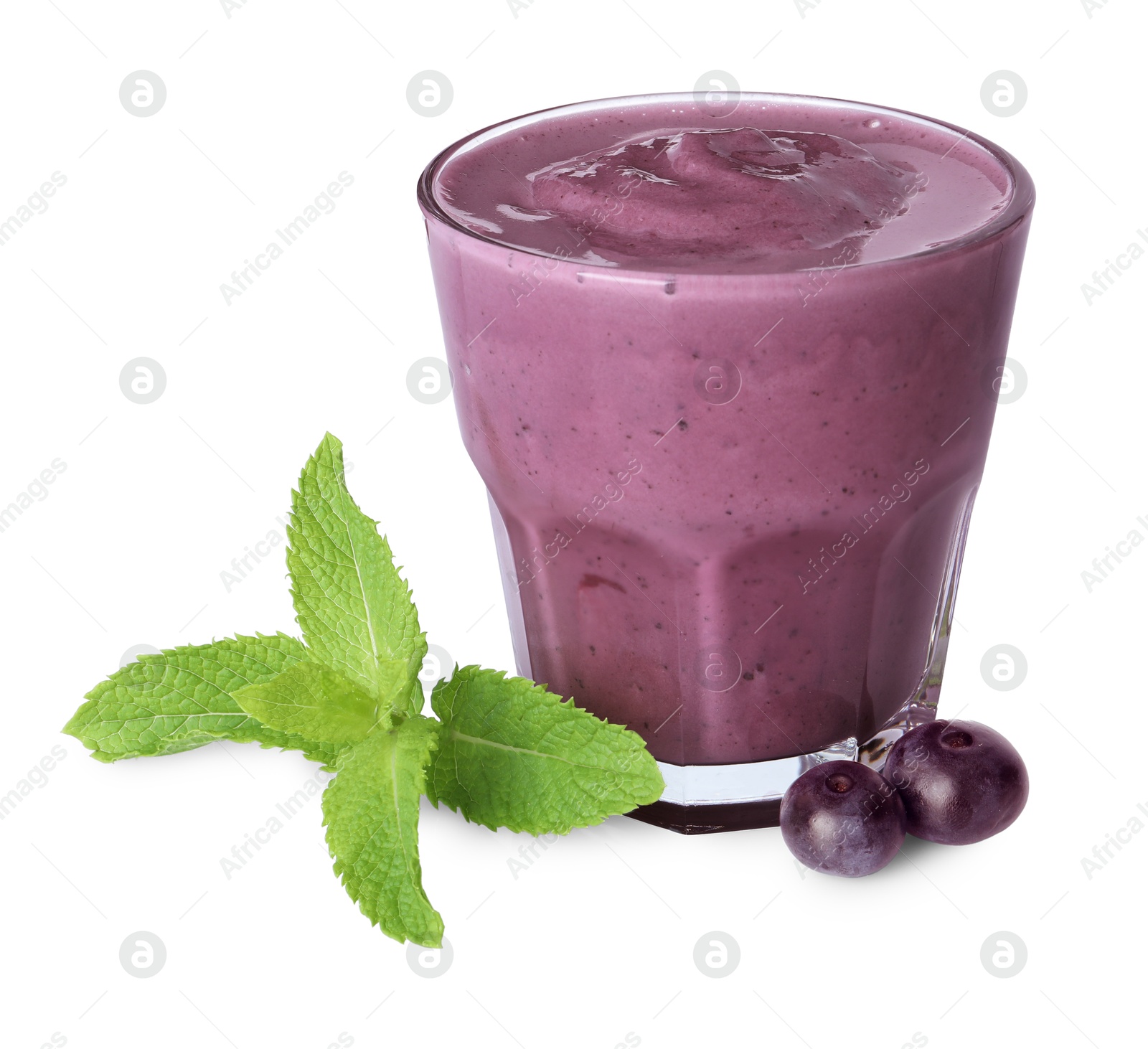 Photo of Tasty acai smoothie in glass, mint and berries isolated on white