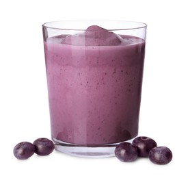 Photo of Tasty acai smoothie in glass and berries isolated on white