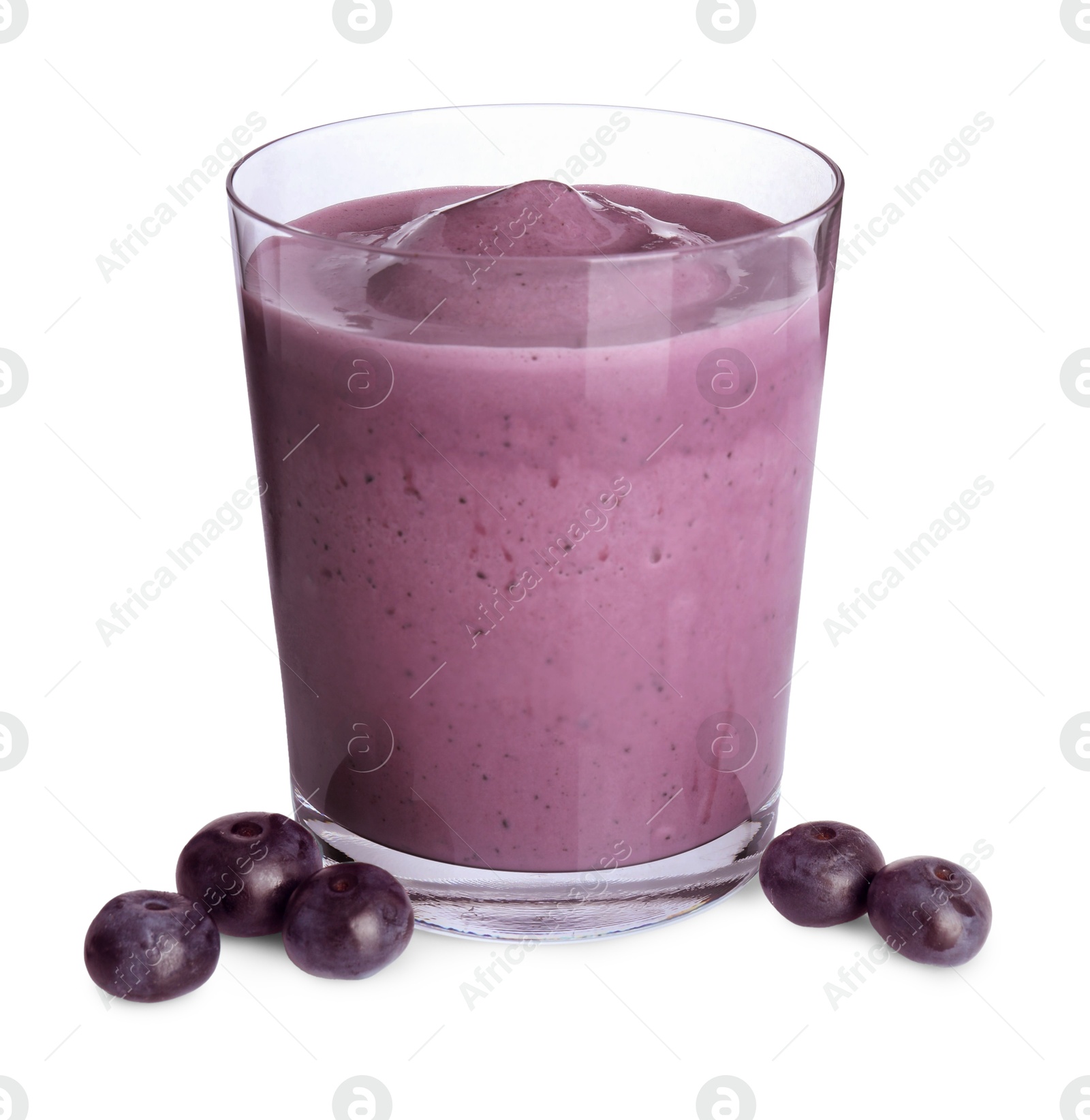 Photo of Tasty acai smoothie in glass and berries isolated on white