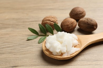 Shea butter in spoon and nuts on wooden table, closeup. Space for text