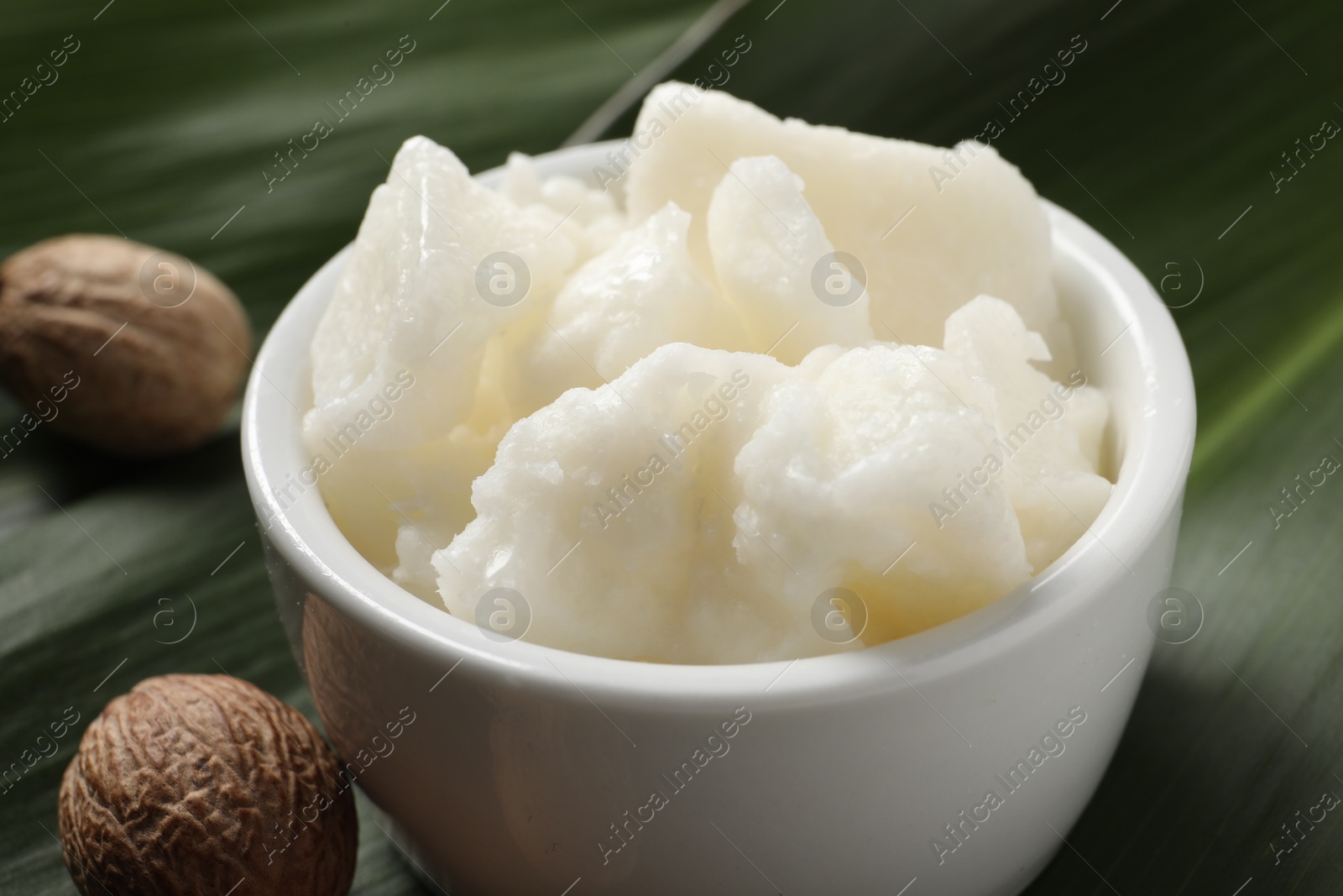 Photo of Shea butter in bowl and nuts on table, closeup