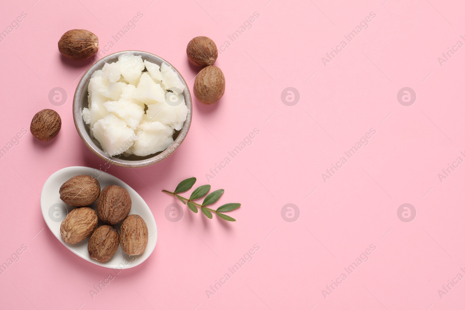 Photo of Shea butter in bowl and nuts on pink background, flat lay. Space for text