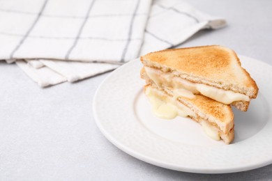 Photo of Pieces of toasted bread with melted cheese on light table. Space for text